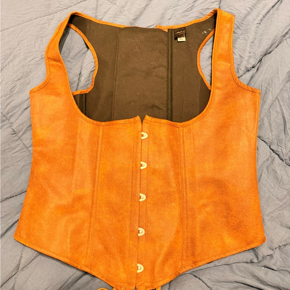 Faux brown suede corset, tie back front button Women's Top